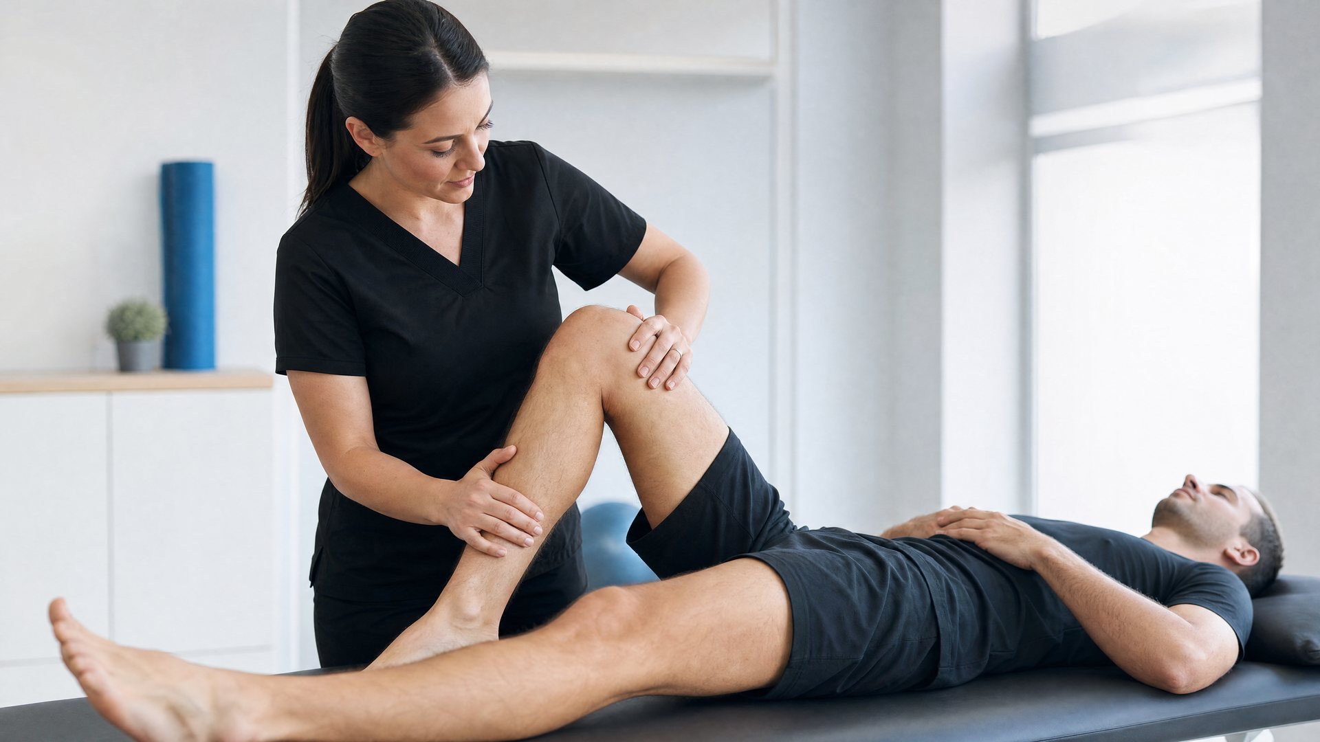 La especialista trabajando la rodilla de un paciente